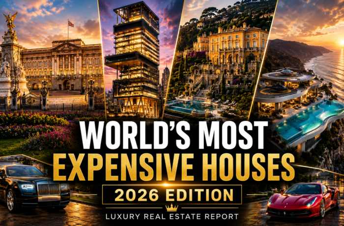 Collage of the world's most expensive houses in 2026 featuring a royal palace, luxury skyscraper mansion, French Riviera estate, oceanfront mega mansion, private helicopters, luxury cars, and premium real estate architecture.
