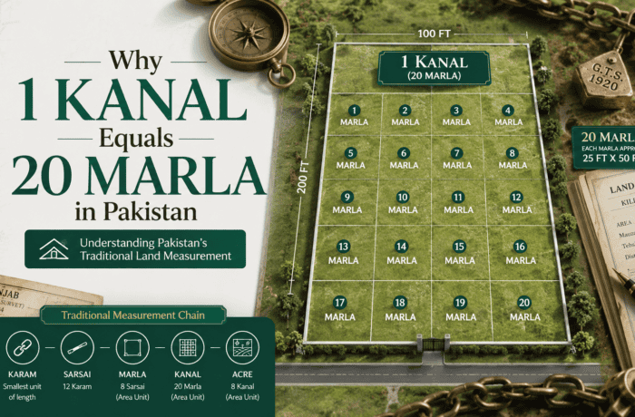 Illustration showing the relationship between 1 Kanal and 20 Marla in Pakistan with land measurement diagram, historical survey tools, and property plot layout representing the British-era land measurement system.