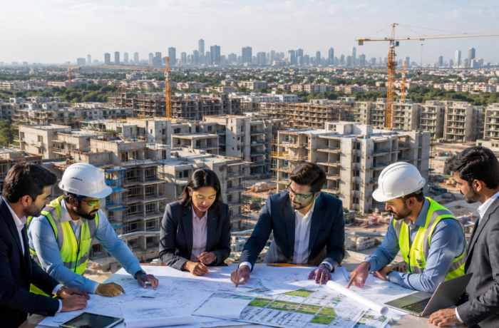 Aerial view of a residential construction project with mid-rise apartment buildings, construction cranes, surveyors, and real estate professionals reviewing blueprints against a modern city skyline in daylight.
