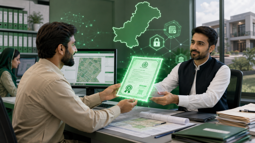 Property owner receiving Green Property Certificate in Punjab digital land records office