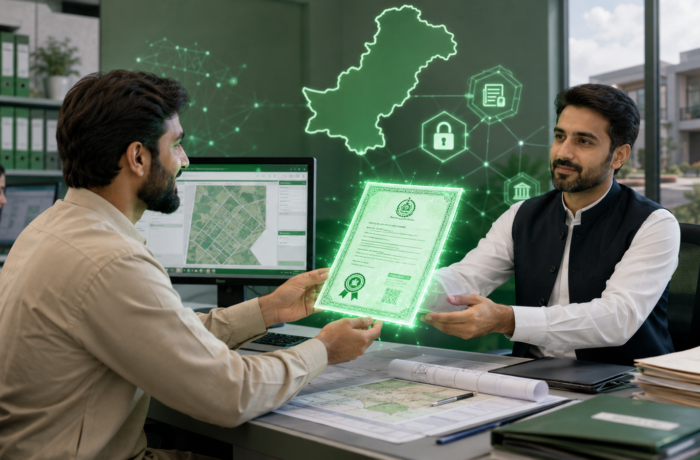 Property owner receiving Green Property Certificate in Punjab digital land records office