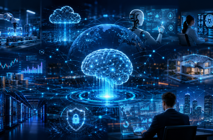 Current Trends in Artificial Intelligence 2026 showing AI agents, data centers, business automation, machine learning systems and global digital transformation.