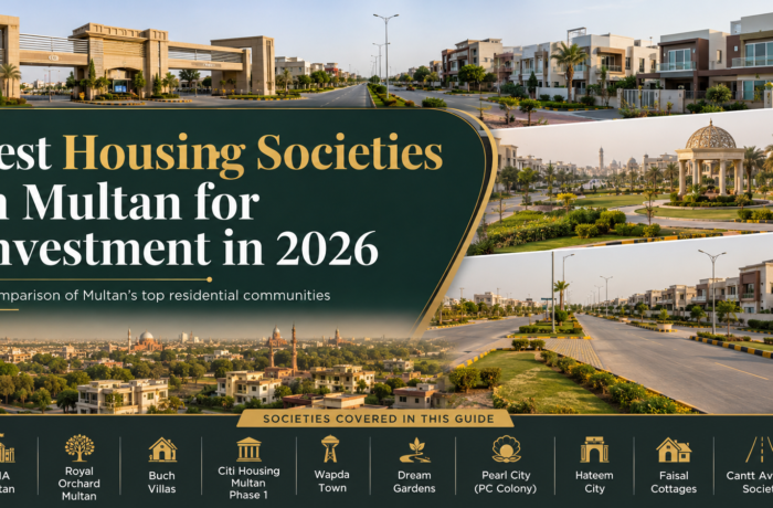 Best housing societies in Multan for investment in 2026 including DHA Multan, Royal Orchard, Buch Villas, Citi Housing Phase 1, Wapda Town, Dream Gardens, Pearl City, Hateem City, Faisal Cottages, and Cantt Avenue Society.