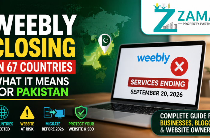 Weebly closing services in 67 countries by September 2026 with Pakistan highlighted on a world map, laptop displaying Weebly service ending notice, and Zamai Property Partners logo.